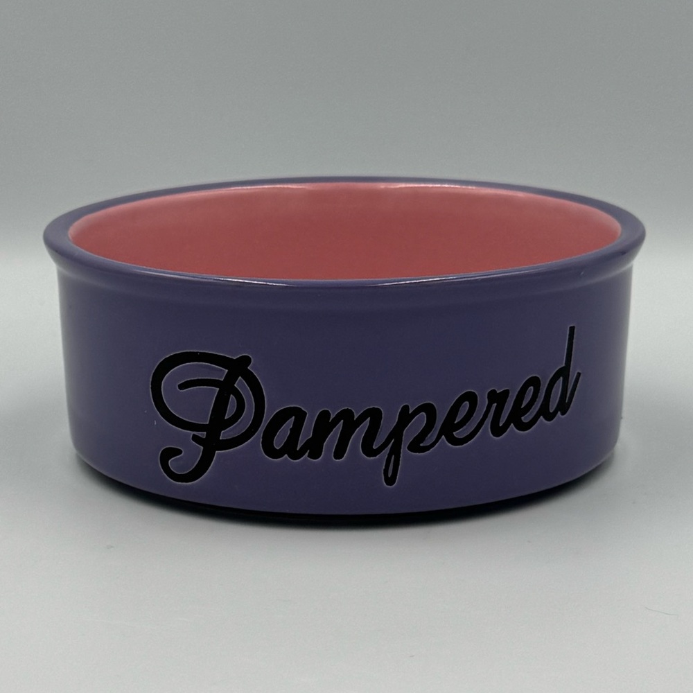 PetRageous Designs Ceramic “Pampered” Pet Bowl Purple & Pink